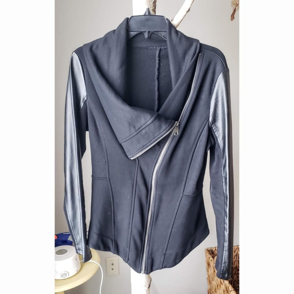 Zip Up Cowl Neck Jacket Leather Sleeves